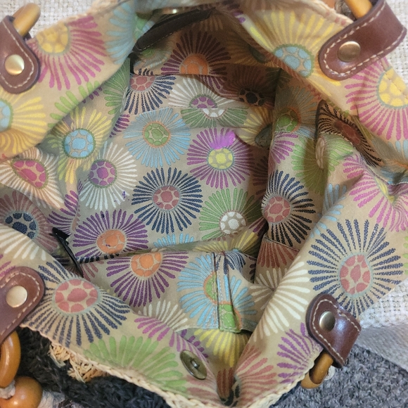 Fossil Straw Crochet Tote Bag Boho Black Floral Leather Handle Summer Purse - Picture 10 of 10